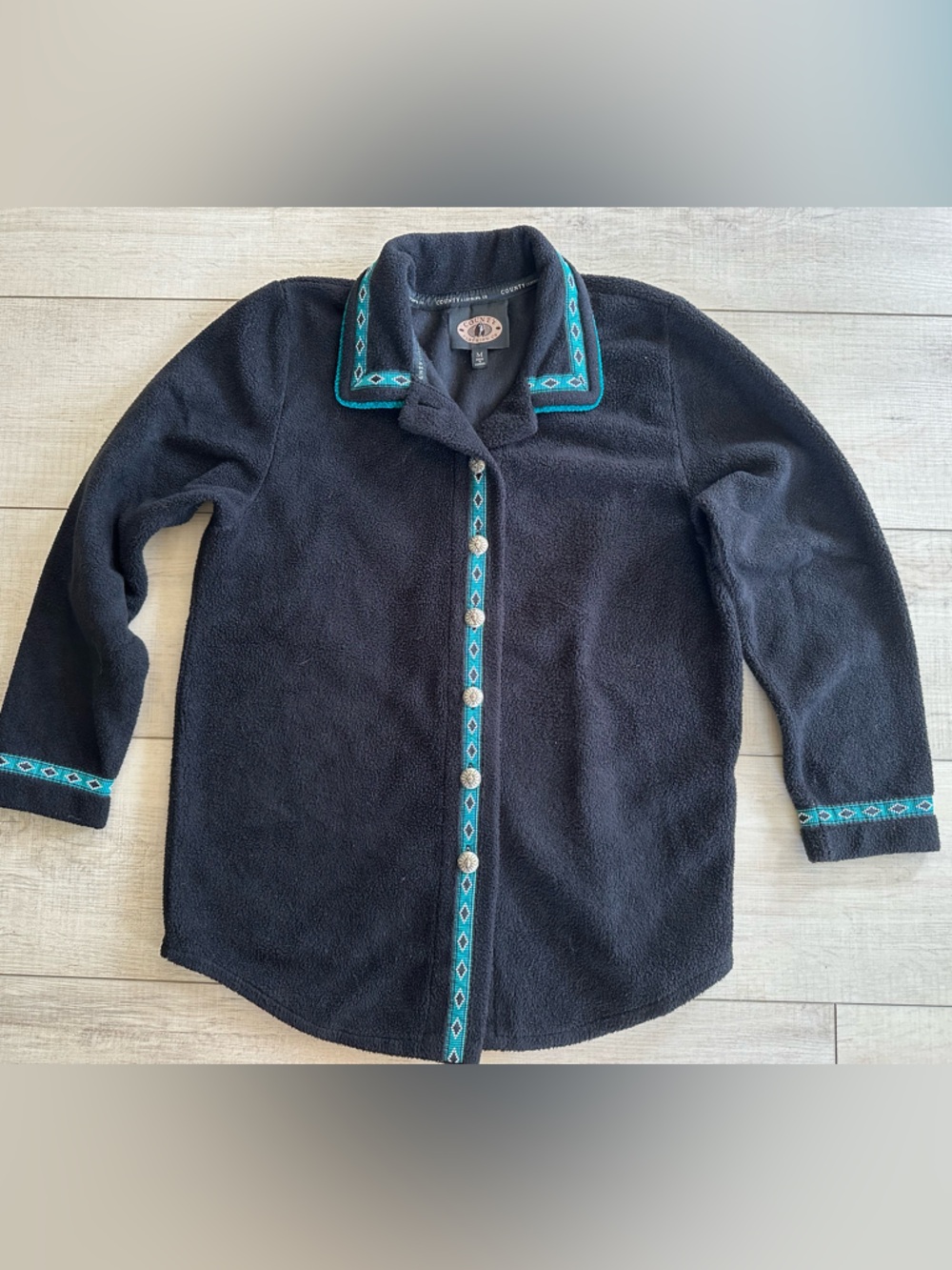 VTG County Clothing Co Western Black Fleece Jacket Turquoise Trim Size M